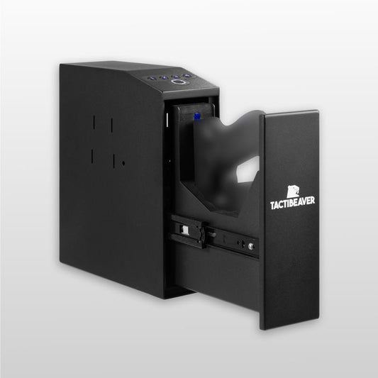 FLINT Biometric Mounted Defense Safe for Nightstand, Desk, Shelf, Truck - Auto Open with Fingerprint, Passcode, Key - Military Grade Construction
