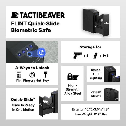 FLINT Biometric Mounted Defense Safe for Nightstand, Desk, Shelf, Truck - Auto Open with Fingerprint, Passcode, Key - Military Grade Construction